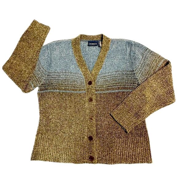 Liz Sport Blue and Grey Stripe Chenille Cardigan - Picture 3 of 7